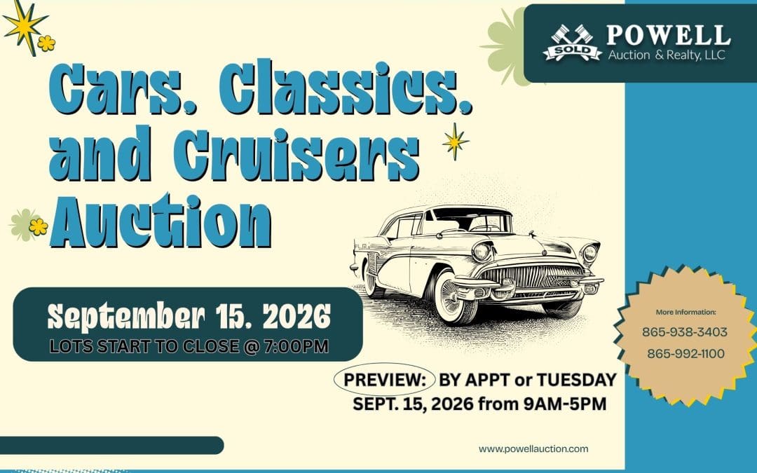 CARS, CLASSICS, AND CRUISERS AUCTION- 9.15.2026- LOTS START CLOSING AT 7:00PM- ONLINE ONLY!!