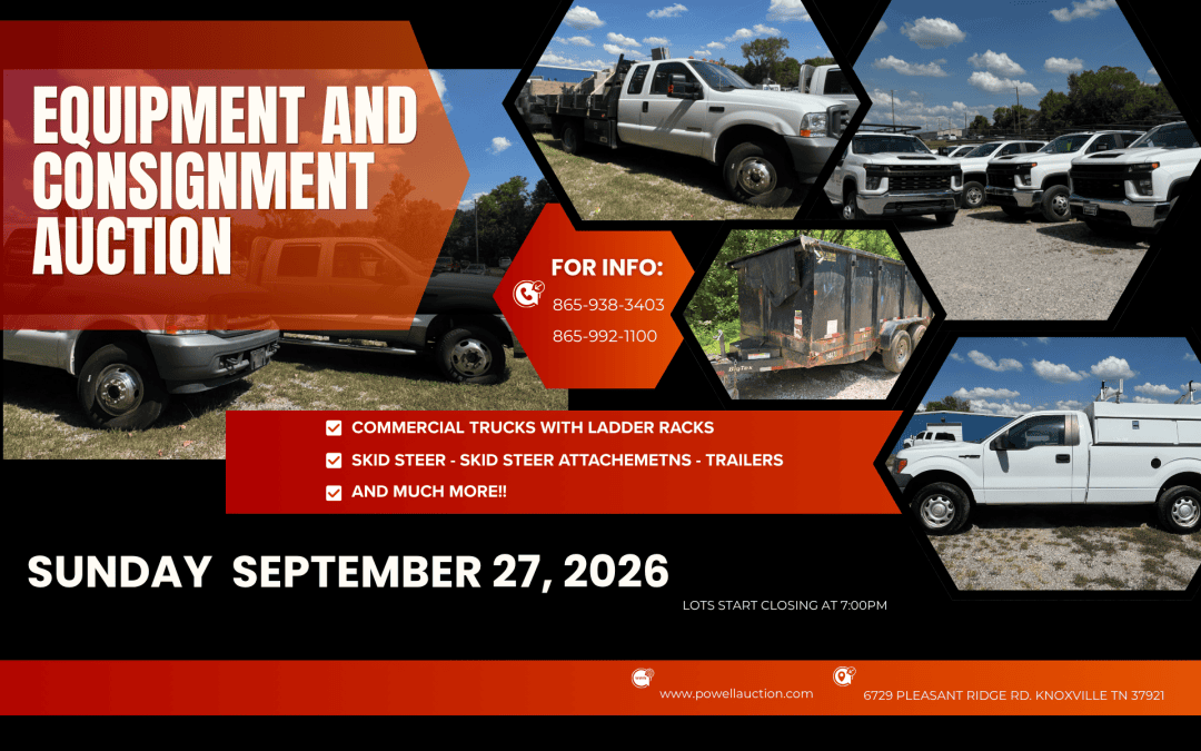 EQUIPMENT & CONSIGNMENT AUCTION- 9.27.2026- LOTS START CLOSING AT 7:00PM- ONLINE ONLY!!